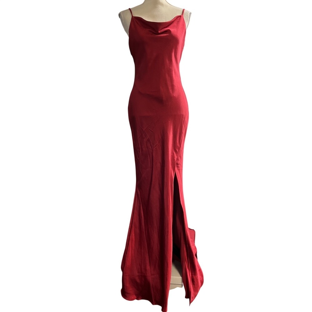True Decadence Maxi Slip Dress Red Satin Gown Size 10 Cowl Neck High‎ Slit Event